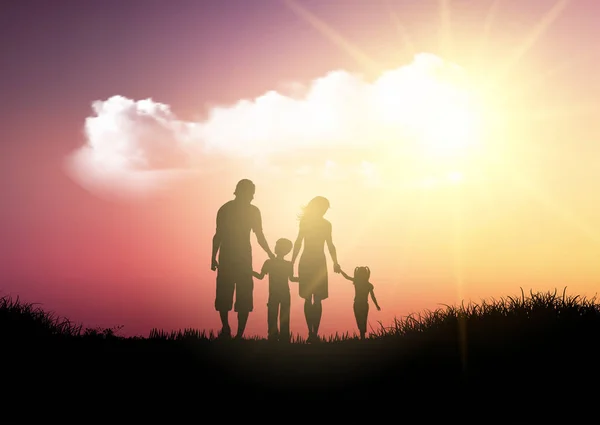 夕焼け空に向かって歩く家族のシルエット — ストックベクタ