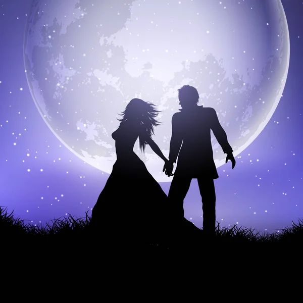 Silhouet Van Een Bruidspaar Tegen Een Maanlicht Hemel — Stockvector