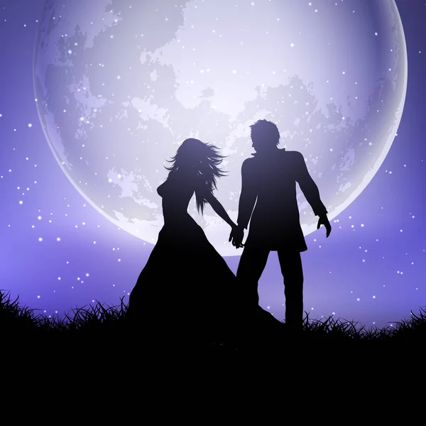 Silueta Pareja Boda Contra Cielo Iluminado Por Luna — Vector de stock