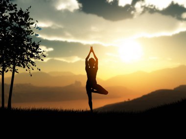 bir kadın yoga poz karşı günbatımı manzara 3D render