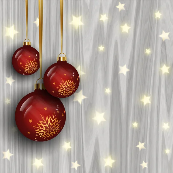 Kerst Kerstballen Een Houten Structuur Met Gloeiende Gouden Sterren — Stockvector