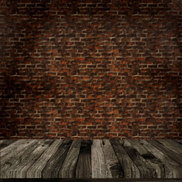 Render Old Wooden Table Defocussed Brick Wall — Stock Photo, Image