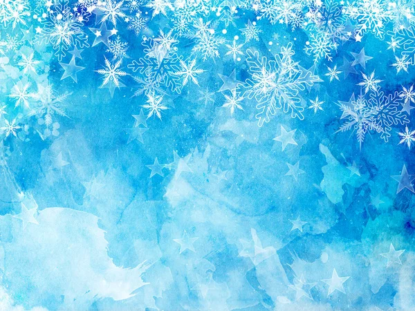 在水彩画上的雪花和星星的圣诞节背景 — 图库照片