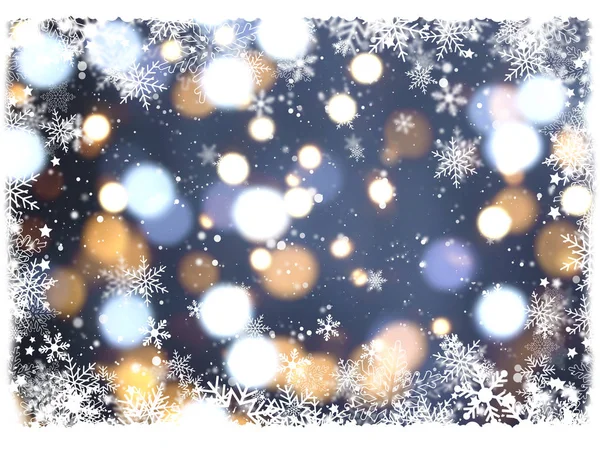 雪の結晶とボケ味のライトとクリスマスの背景 — ストック写真