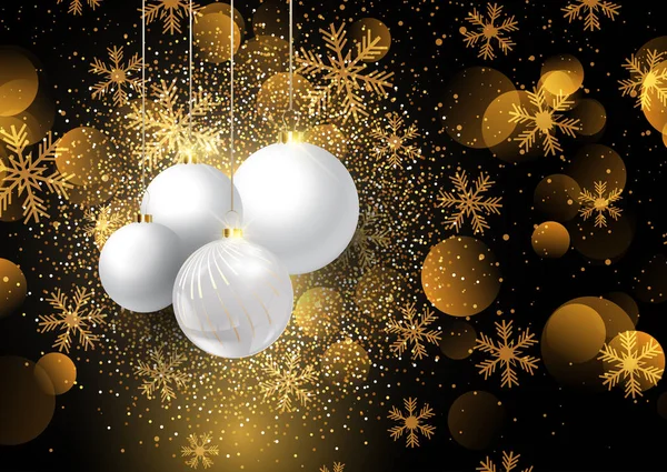 Boules Noël Suspendues Sur Fond Flocon Neige Doré — Image vectorielle