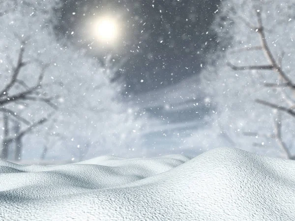 3D render of snow against a tree landscape in a blizzard