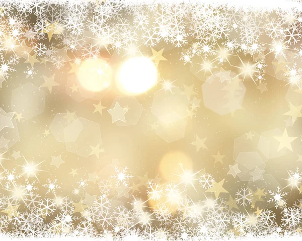 Fondo Navideño Dorado Con Copos Nieve Estrellas Luces Bokeh — Foto de Stock
