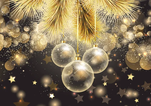 Gouden Kerstmis Achtergrond Met Opknoping Van Kerstballen Bokeh Lichten — Stockvector