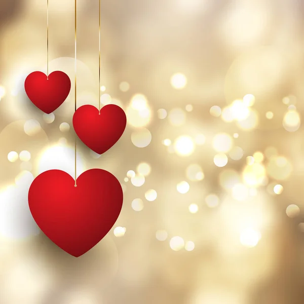 Valentine Day Background Hanging Hearts Gold Bokeh Lights Design — Stock Vector