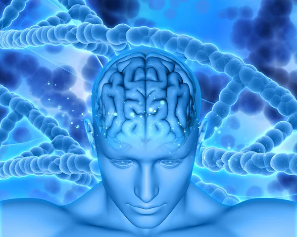 Render Medical Background Male Head Showing Brain Dna Strands — Stock Photo, Image