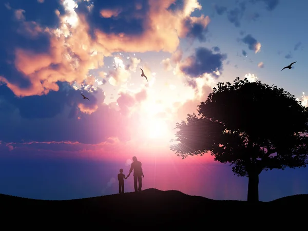 Representación Una Silueta Padre Hijo Caminando Contra Paisaje Oceánico Atardecer — Foto de Stock