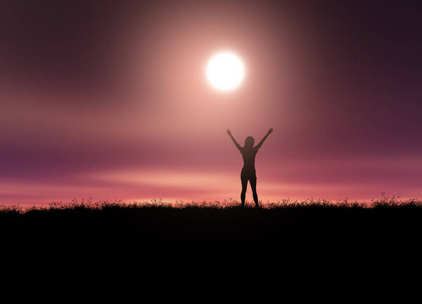 3D render of a female with arms raised in a sunset landscape