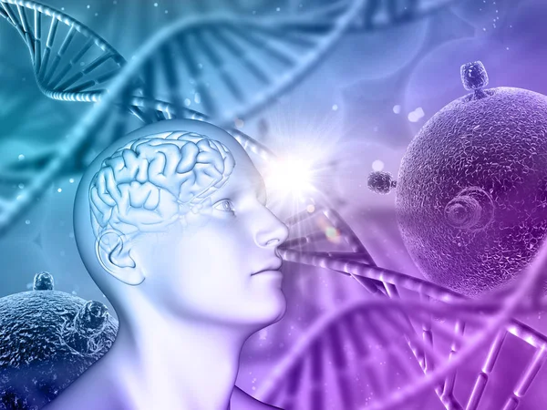 Render Medical Background Male Head Brain Dna Strands Virus Cells — Stock Photo, Image