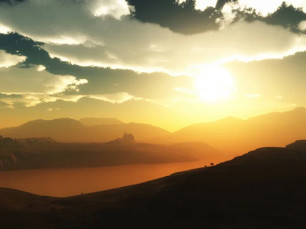 Darstellung Einer Felsigen Landschaft Vor Einem Sonnenuntergang — Stockfoto