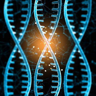 Soyut DNA iplikçikleriyle tıbbi bir arkaplanın 3 boyutlu canlandırması