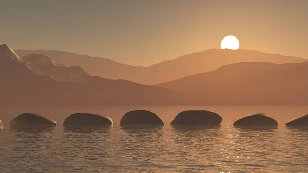 Darstellung Von Trittsteinen Ozean Vor Einer Berglandschaft Bei Sonnenuntergang — Stockfoto