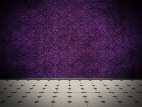 Renderização Interior Estilo Grunge Com Papel Parede Damasco Roxo — Fotografia de Stock