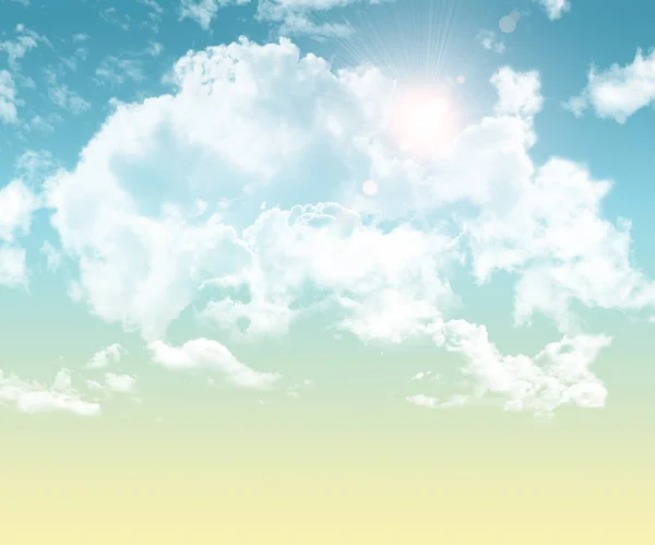 Kabarık Beyaz Bulutlar Güneş Işınları Ile Gökyüzü Arka Plan — Stok fotoğraf
