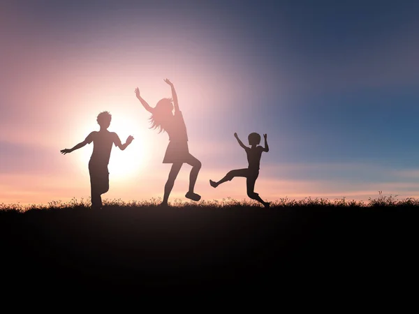 3D silhouetten van kinderen spelen in een zonsondergang landschap — Stockfoto