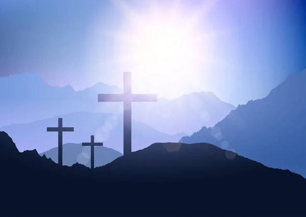 Paysage au coucher du soleil avec croix pour Pâques — Image vectorielle
