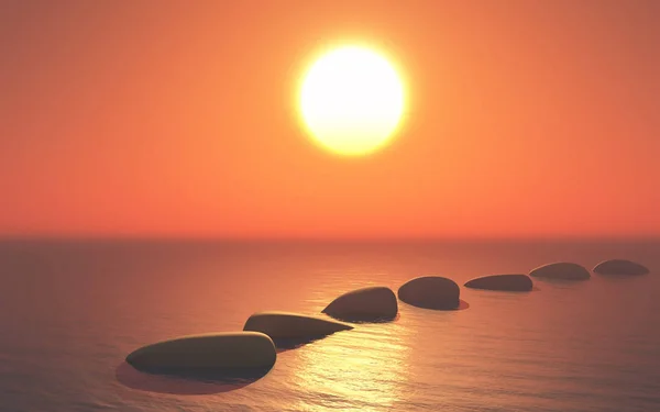 3D krokování kamenů v oceánu proti obloze slunce — Stock fotografie