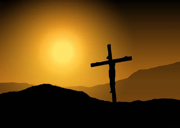 Jesus am Kreuz bei Sonnenuntergang — Stockvektor