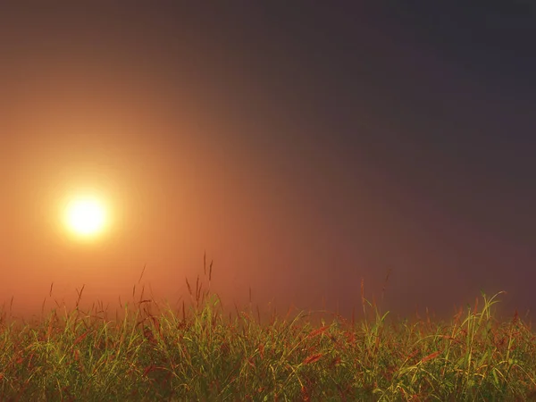 夕焼け空を背景 3 d の草原風景 — ストック写真