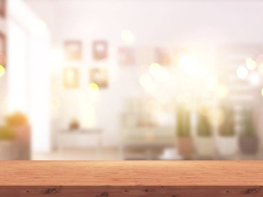 3D ahşap tablo karşı bir defocussed güneşli oda iç