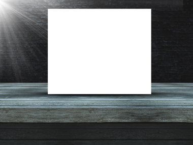 3D ahşap masa boş canv ile eski bir grunge tuğla duvara karşı