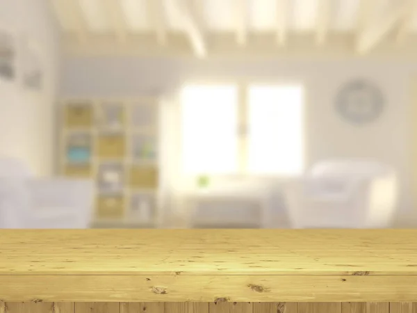 3D wooden table looking out to a defocussed lounge interior — Stock Photo, Image