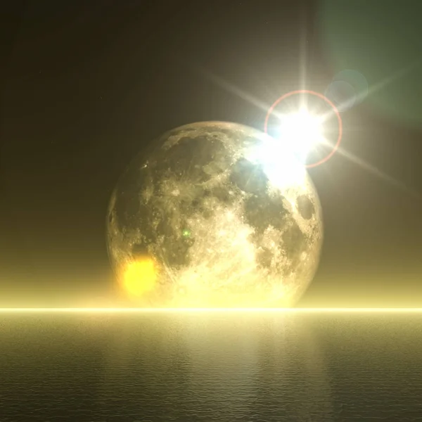 3D abstrakter Mond über Ozeanlandschaft — Stockfoto