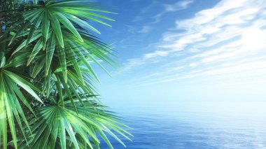 mavi okyanus manzarasına karşı 3D palmiye ağaçları
