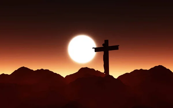 Paisagem do pôr do sol 3D com Jesus na cruz — Fotografia de Stock