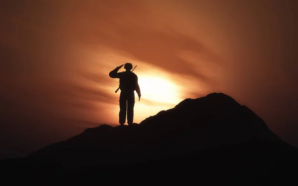 3D силуэт солдата, приветствующего закатное небо — стоковое фото