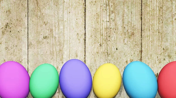 Huevos de Pascua 3D contra una textura de madera — Foto de Stock