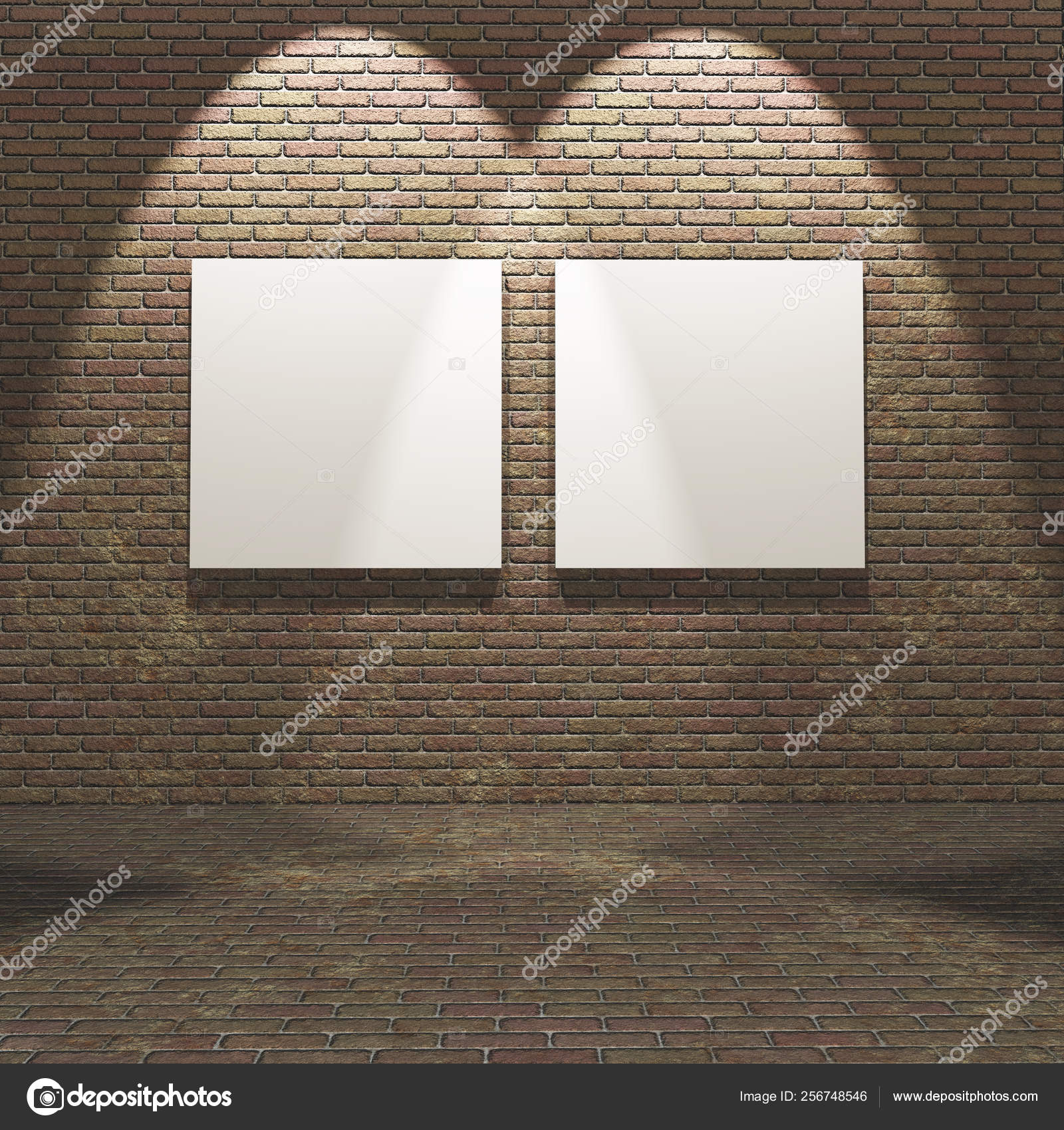 3D interior with blank canvases on a brick wall Stock Photo by