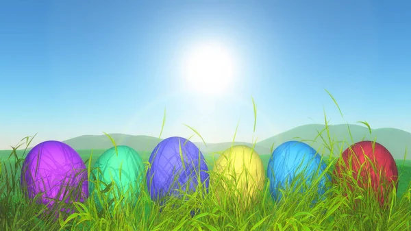 3D Easter Eggs in grazige landschap — Stockfoto