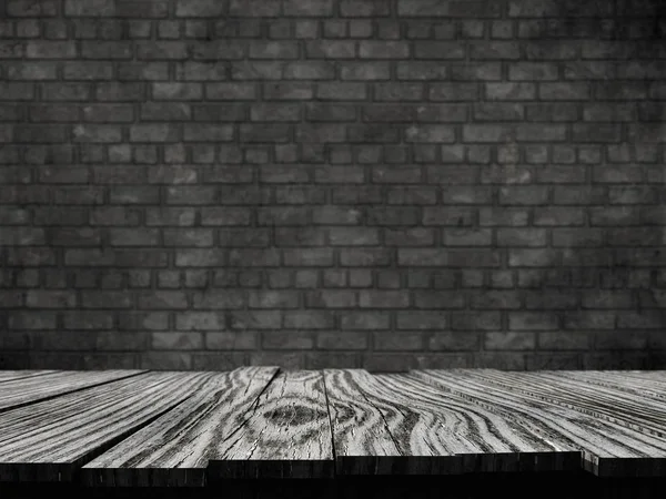 3D old rustic table against a brick wall background — Stock Photo, Image