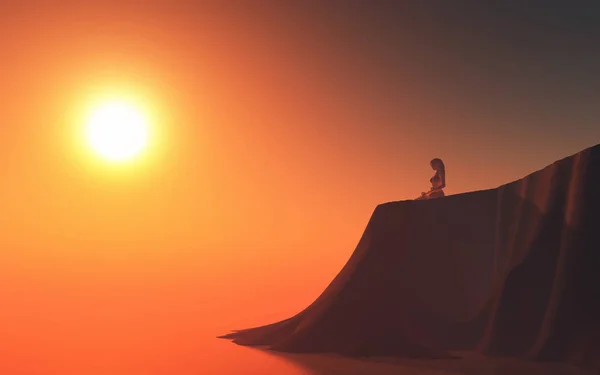 3D female in yoga pose on a cliff top against a sunset sky — Stock Photo, Image