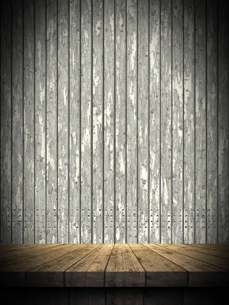 3D wooden table against a grunge wooden wall — Stock Photo, Image