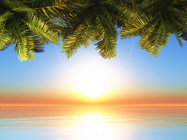Hojas de palmera 3D contra un paisaje oceánico puesta de sol — Foto de Stock