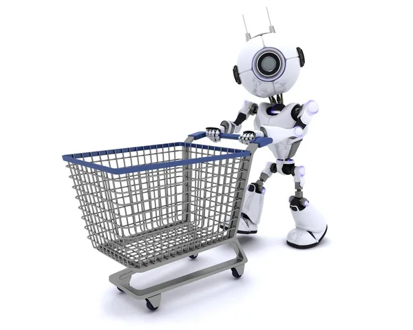 Robot with shopping cart — Stock Photo, Image