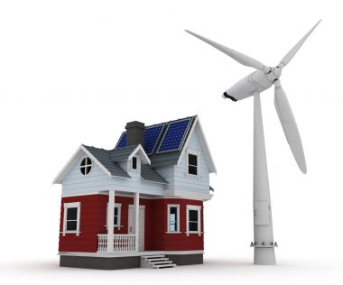 Rüzgar türbini ile bir evde Güneş panelleri
