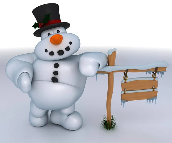 Personagem de boneco de neve com sinal de madeira em branco — Fotografia de Stock
