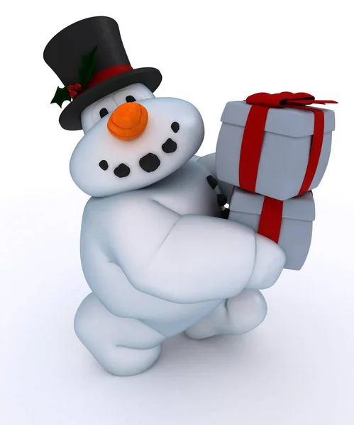 Personnage bonhomme de neige avec des cadeaux — Photo