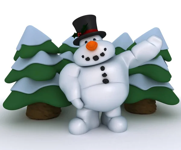 Snowman postava s vánočními stromy — Stock fotografie
