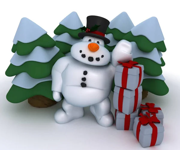 Snowman postava s dárky — Stock fotografie