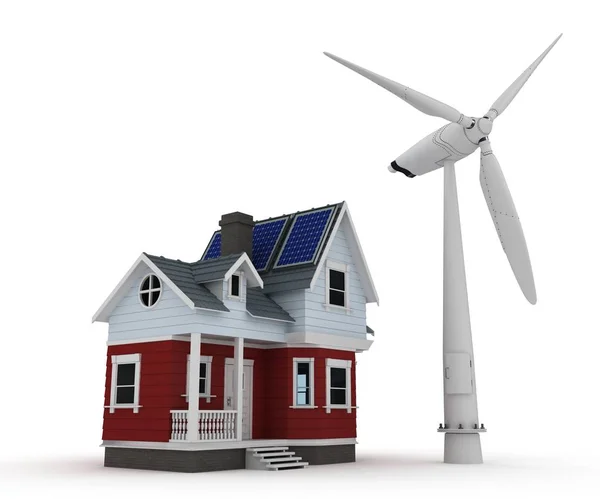 Solar panels on a house with wind turbine — Stock Photo, Image