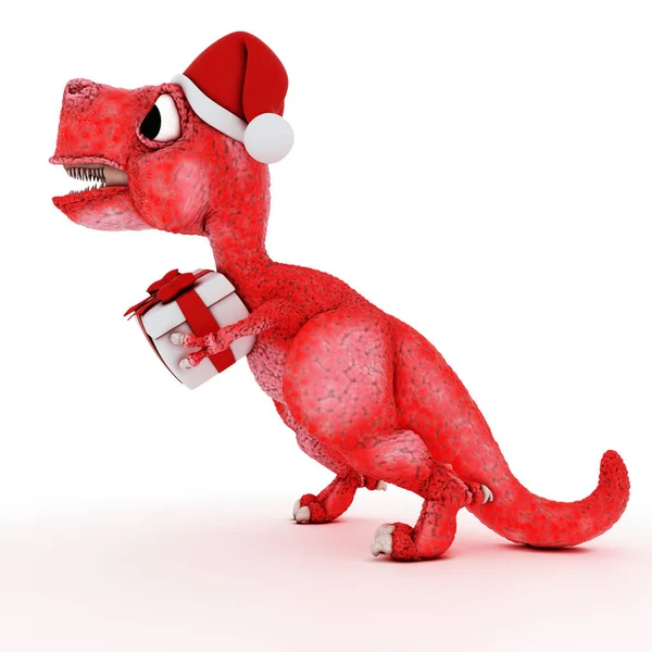 友好的卡通恐龙与礼物圣诞盒 — 图库照片