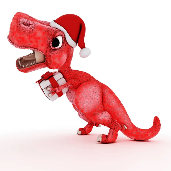 Přátelský kreslený dinosaurus s dárkem vánoční — Stock fotografie
